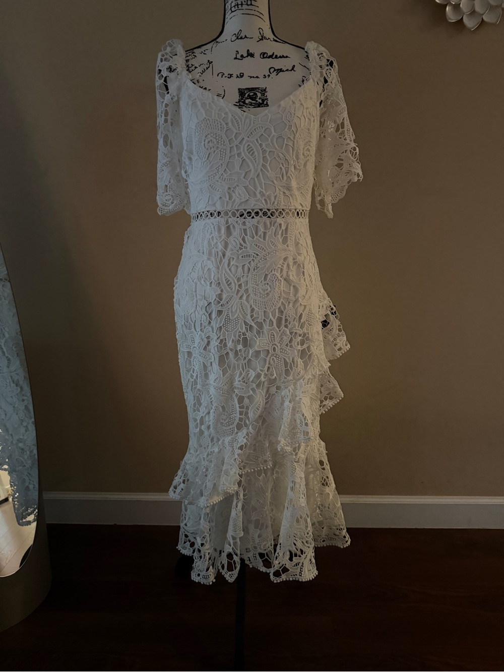 White Crochet Lace Tiered Midi Dress with Ruffle Hem